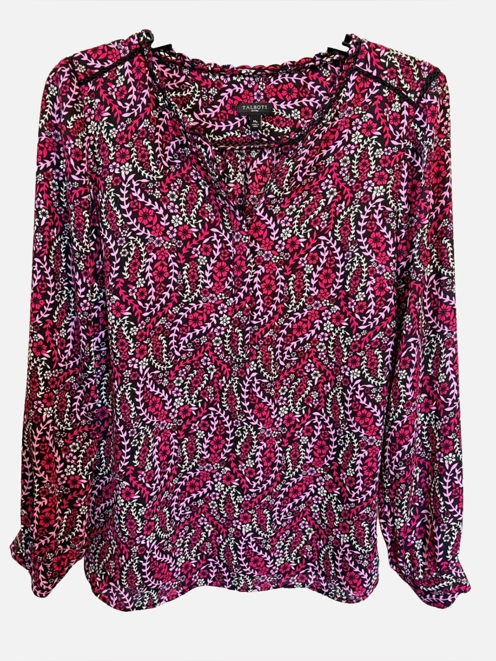Talbots Blouse MP Petite Medium Pink Floral Split Neck Long Sleeve Top